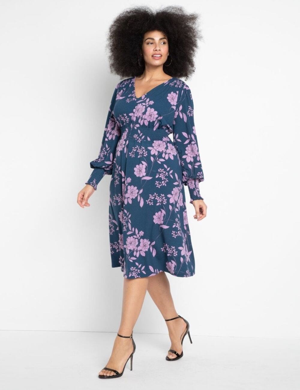 NWT Eloquii Stretch Navy Blue Floral A Line Empire Long Sleeve Dress Plus Sz 18